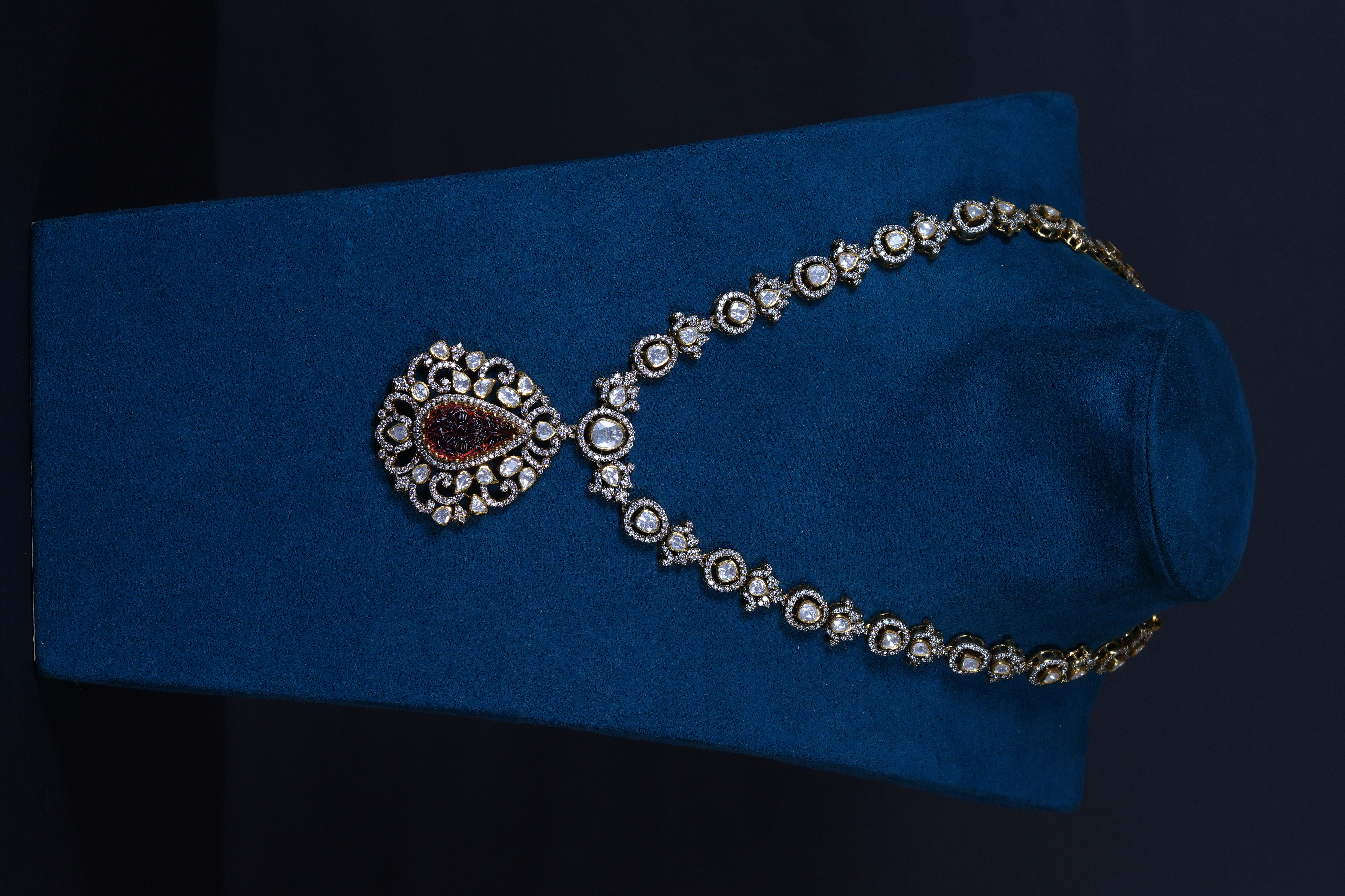 Real Polki & Carved Ruby Necklace & earrings in 92.5 Silver