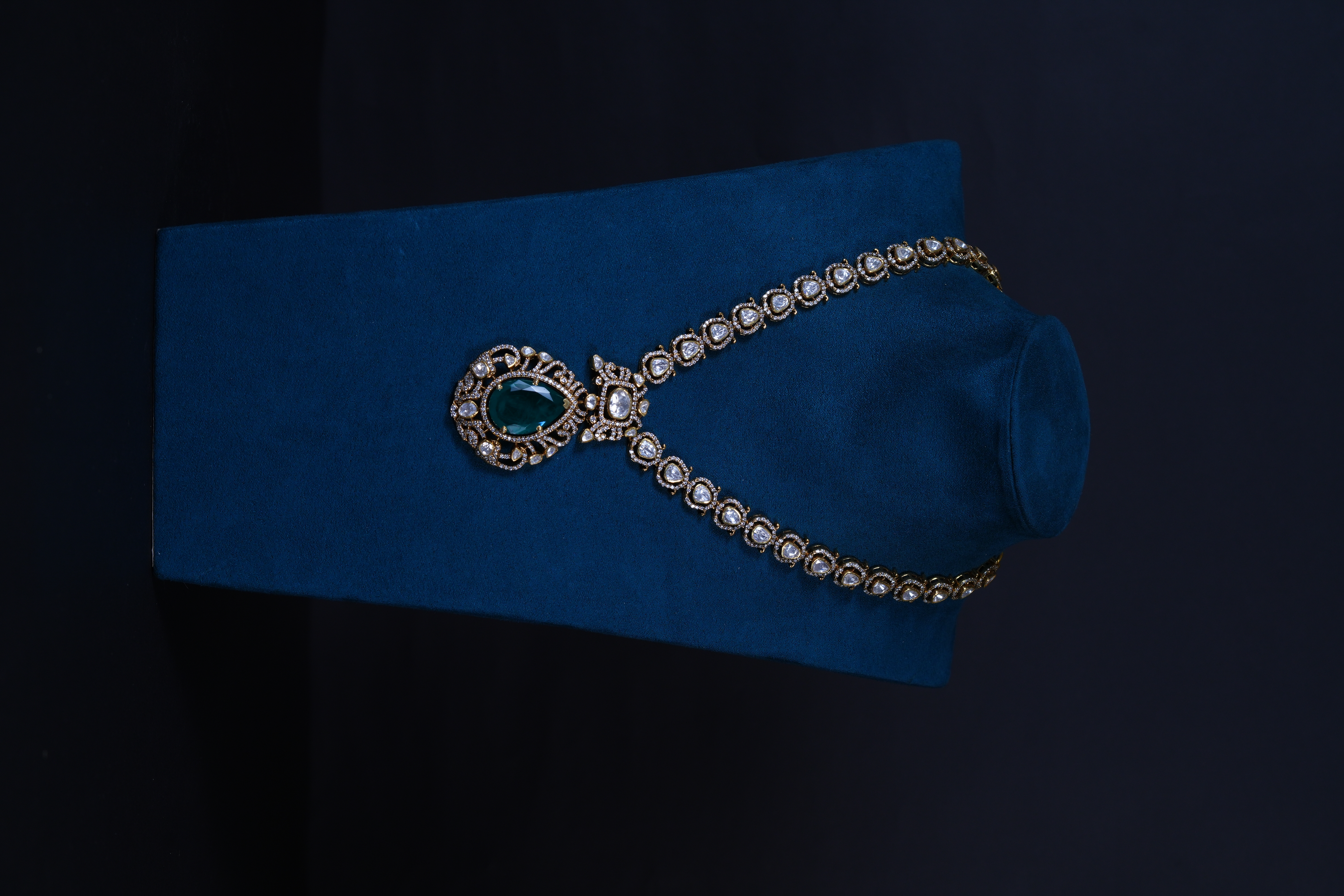 Emerald Polki Necklace with Earrings in 92.5 Silver