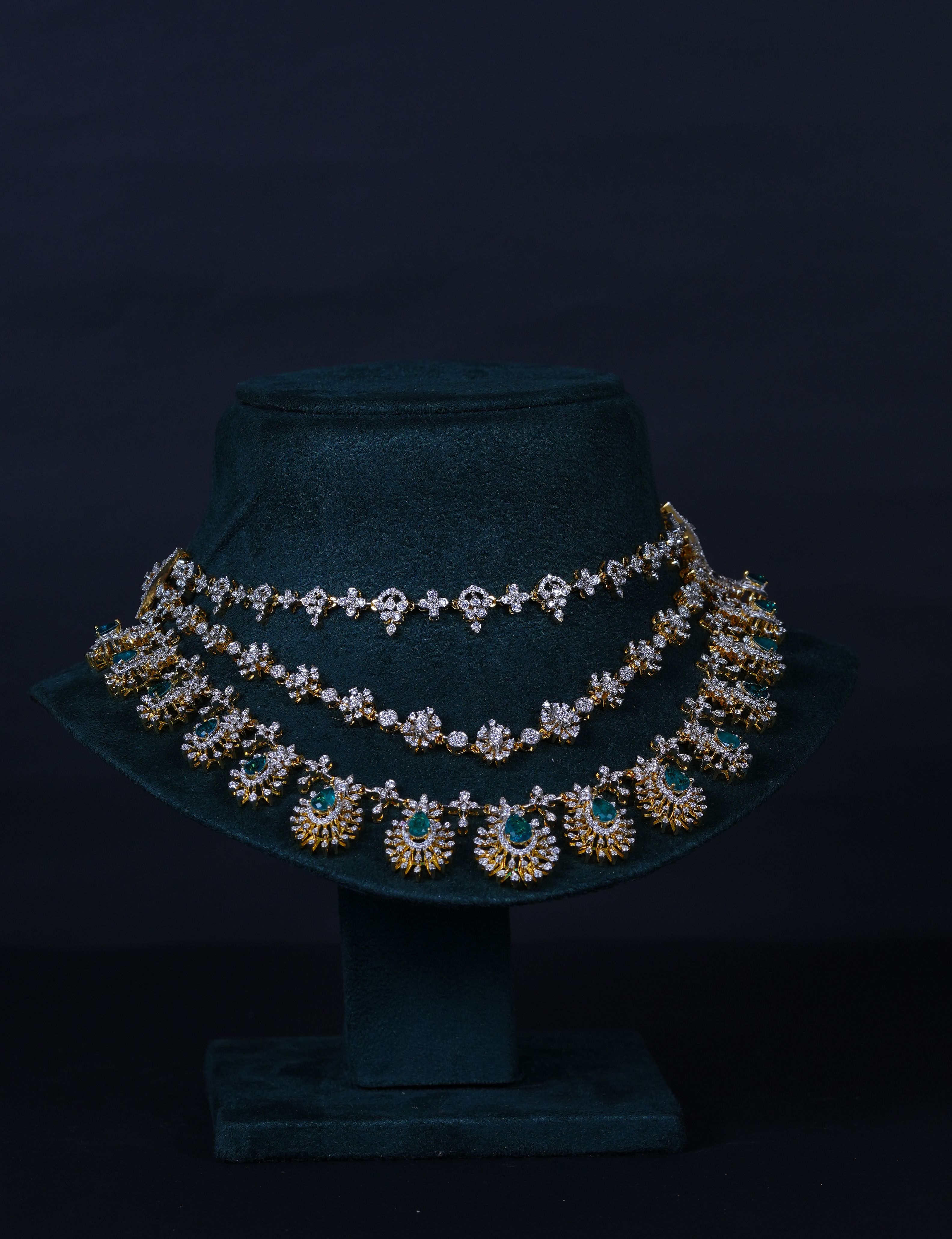 Royal 3-Layer Emerald Diamond-Replica Necklace with Beautiful Jhumkas in 92.5 Sterling Silver
