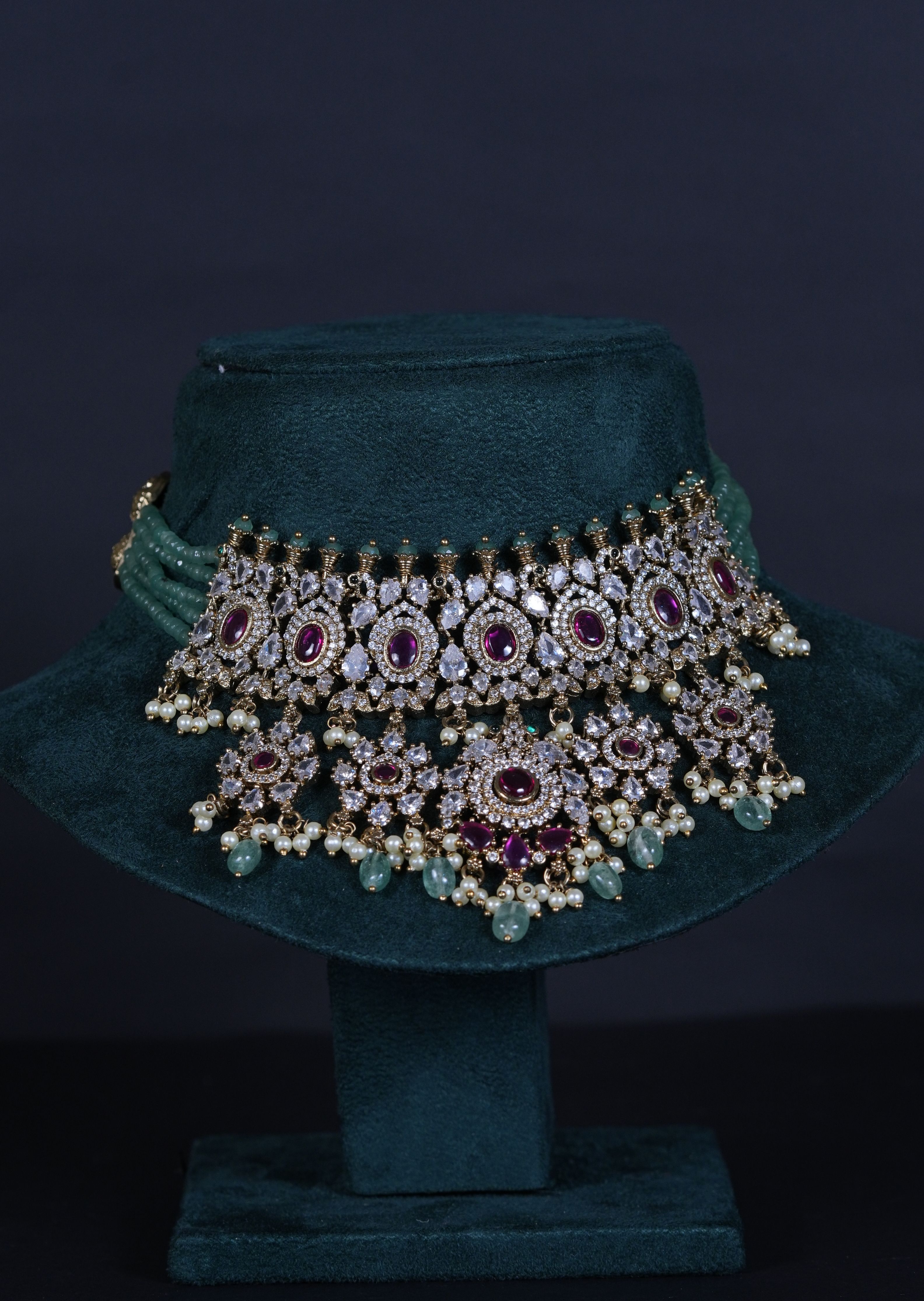 Royal Pink Doublet Stone Choker with Moissanites & Green Beads
