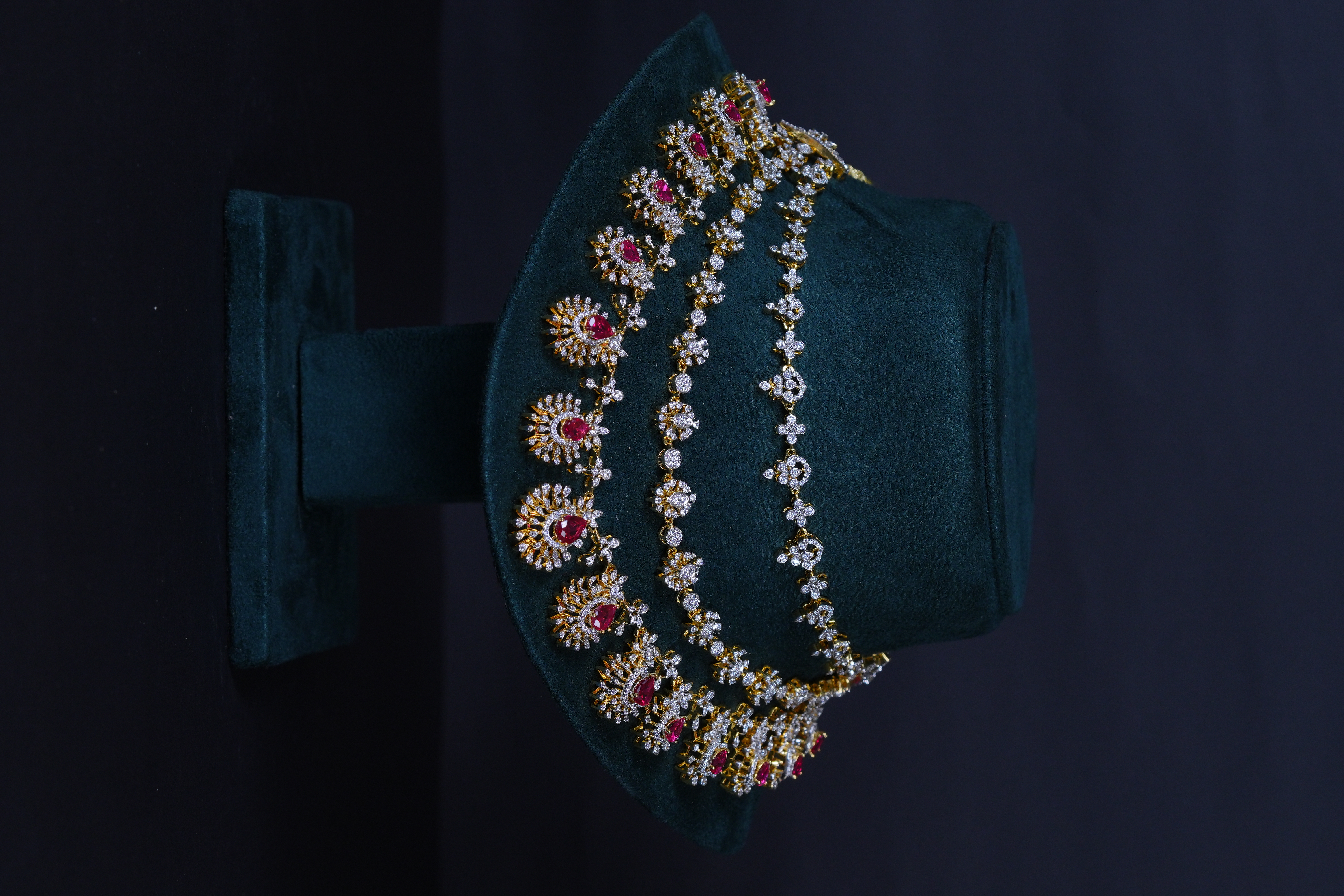 Royal 3-Layer Ruby Diamond-Replica Necklace with Beautiful Jhumkas in 92.5 Sterling Silver