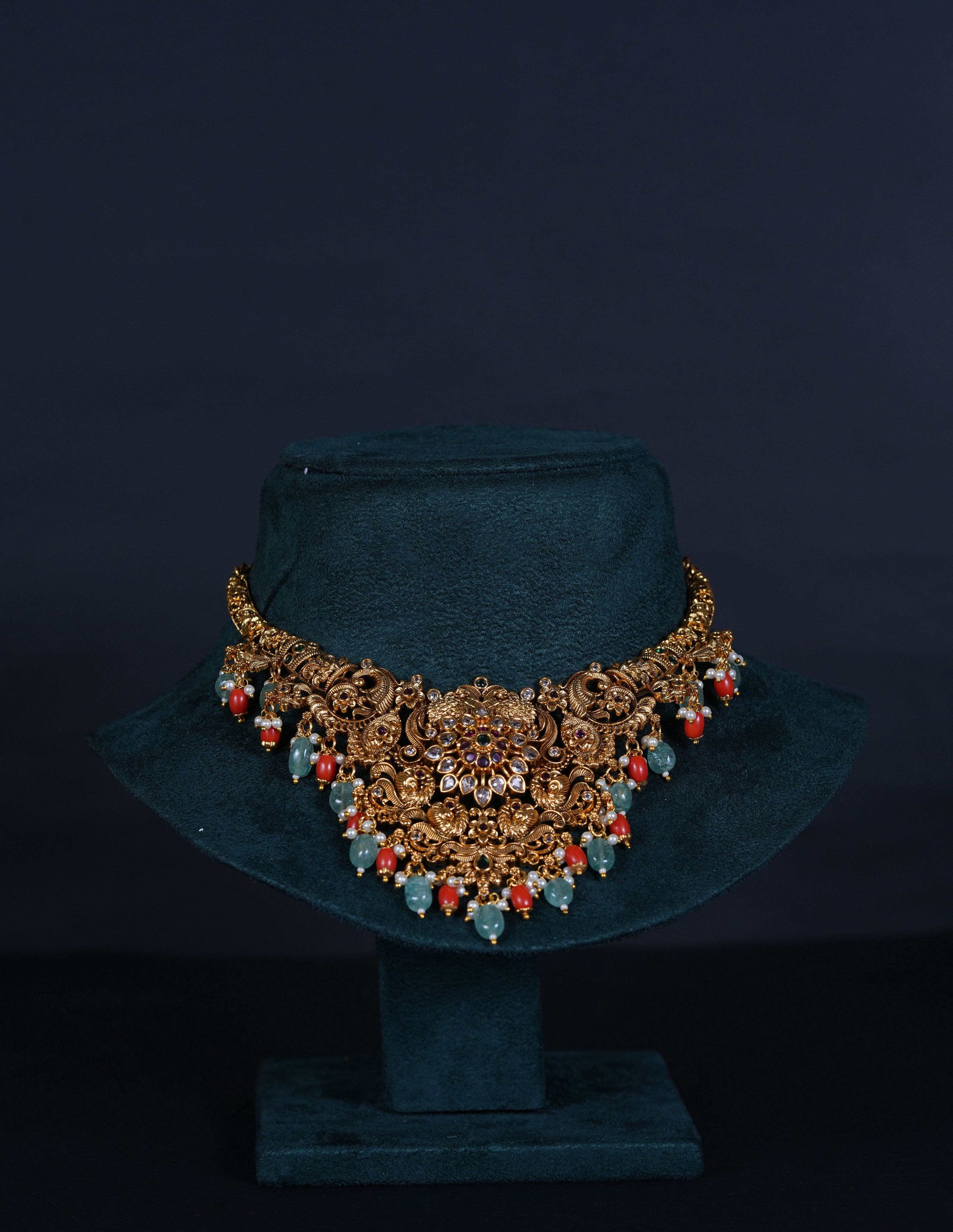 Temple Nakshi Necklace with Coral Accents