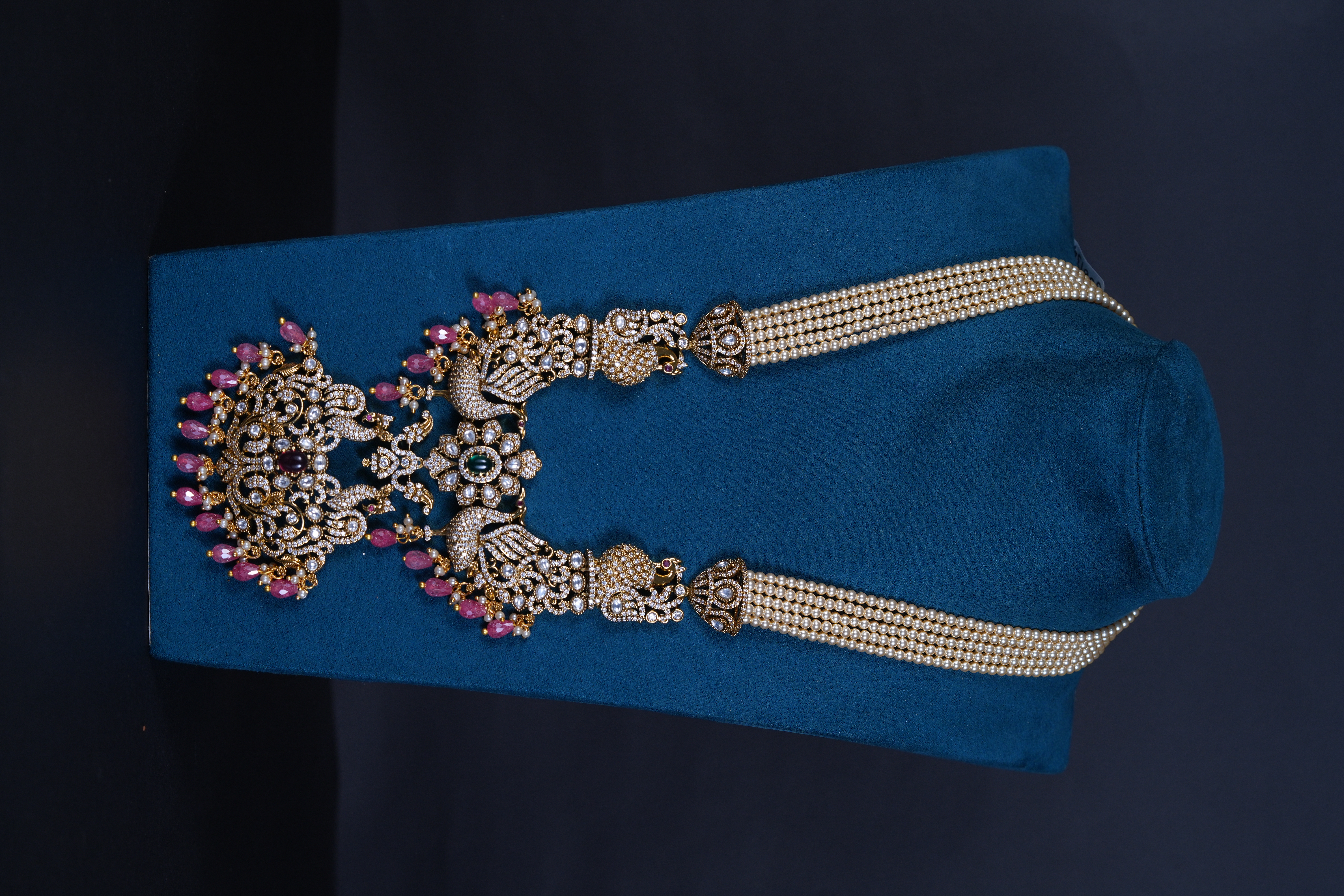 Royal Victorian Peacock Pendant Necklace with Pearls & Screw Back Earrings