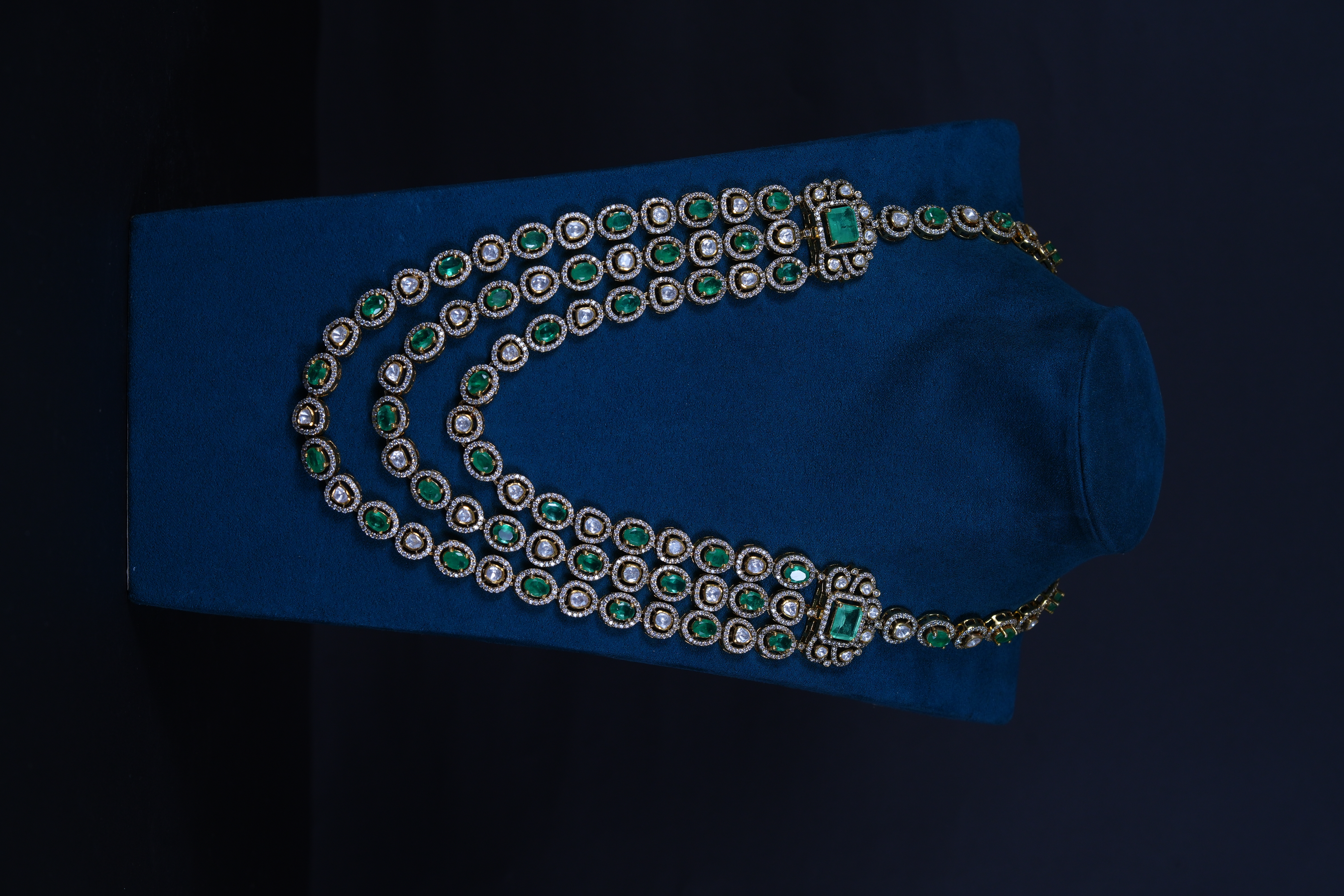 Victorian 3-Layered Emerald Polki Haram Set in 92.5 Sterling Silver