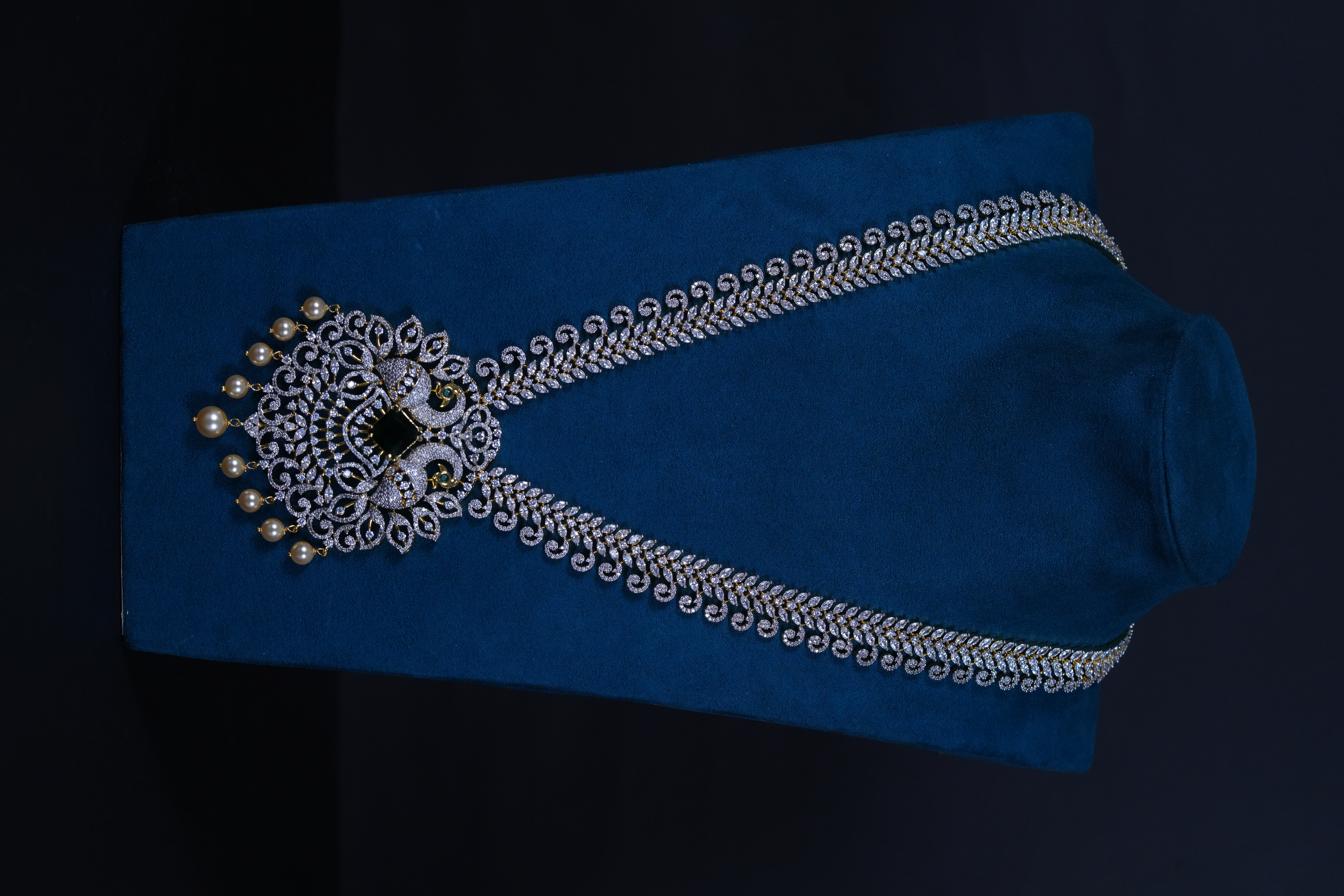 Royal Peacock American Diamond Long Haram in 92.5 Sterling Silver