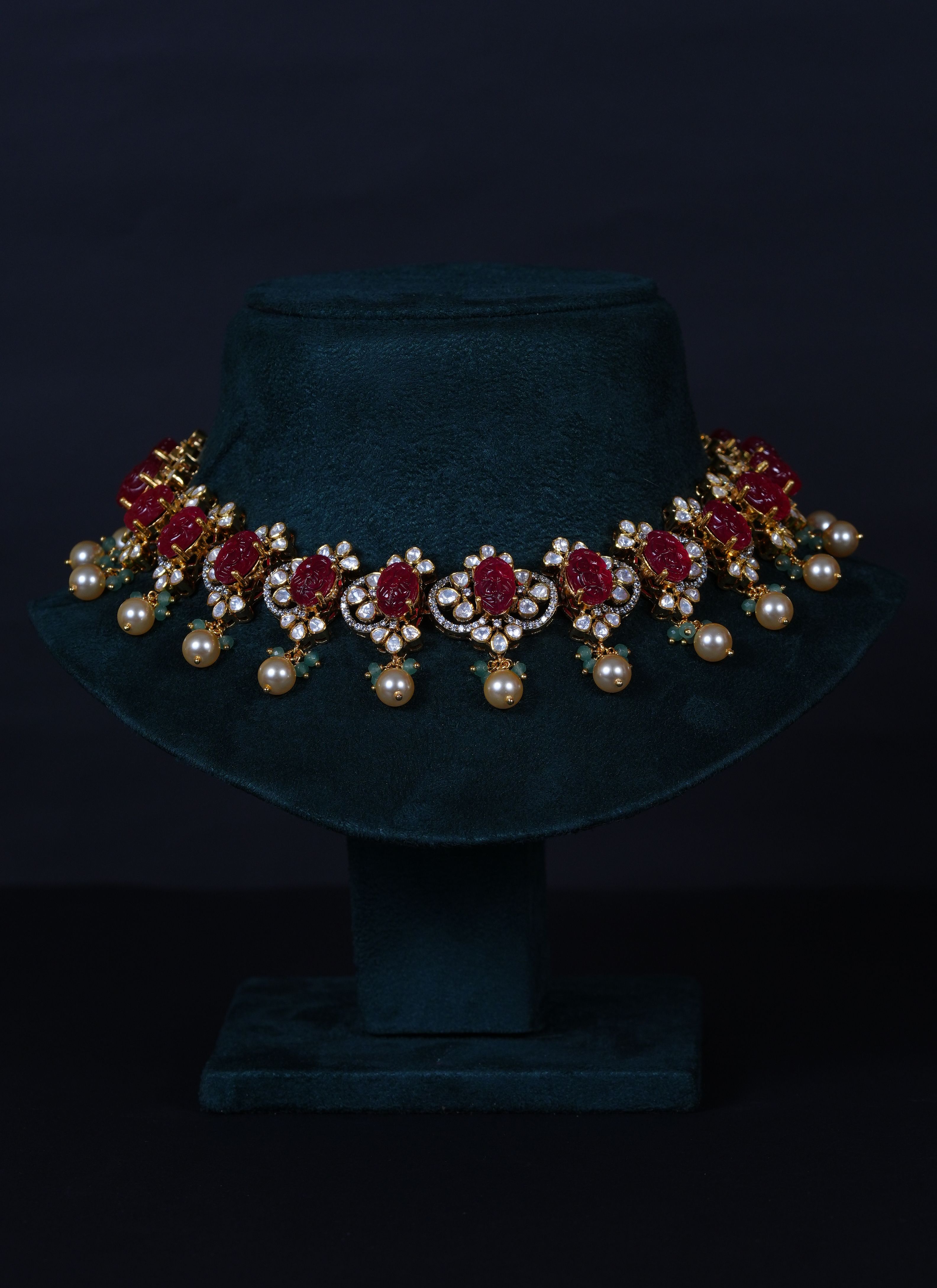 Royal Carved Ruby Necklace & earrings with Moissanite in 92.5 Sterling Silver