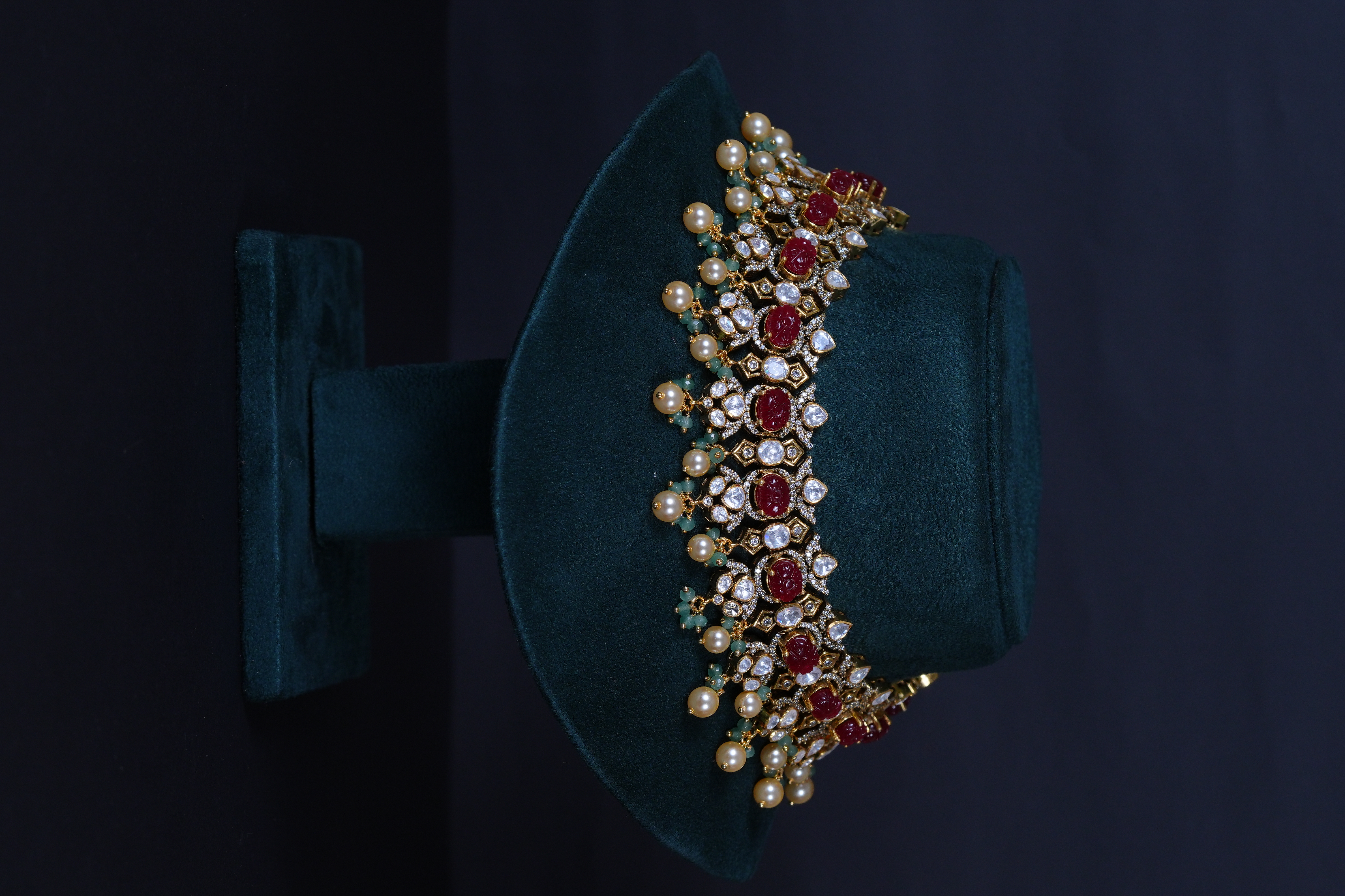 92.5 Sterling Silver Ruby Carved Polki Necklace Set with Real Beads & Pearls