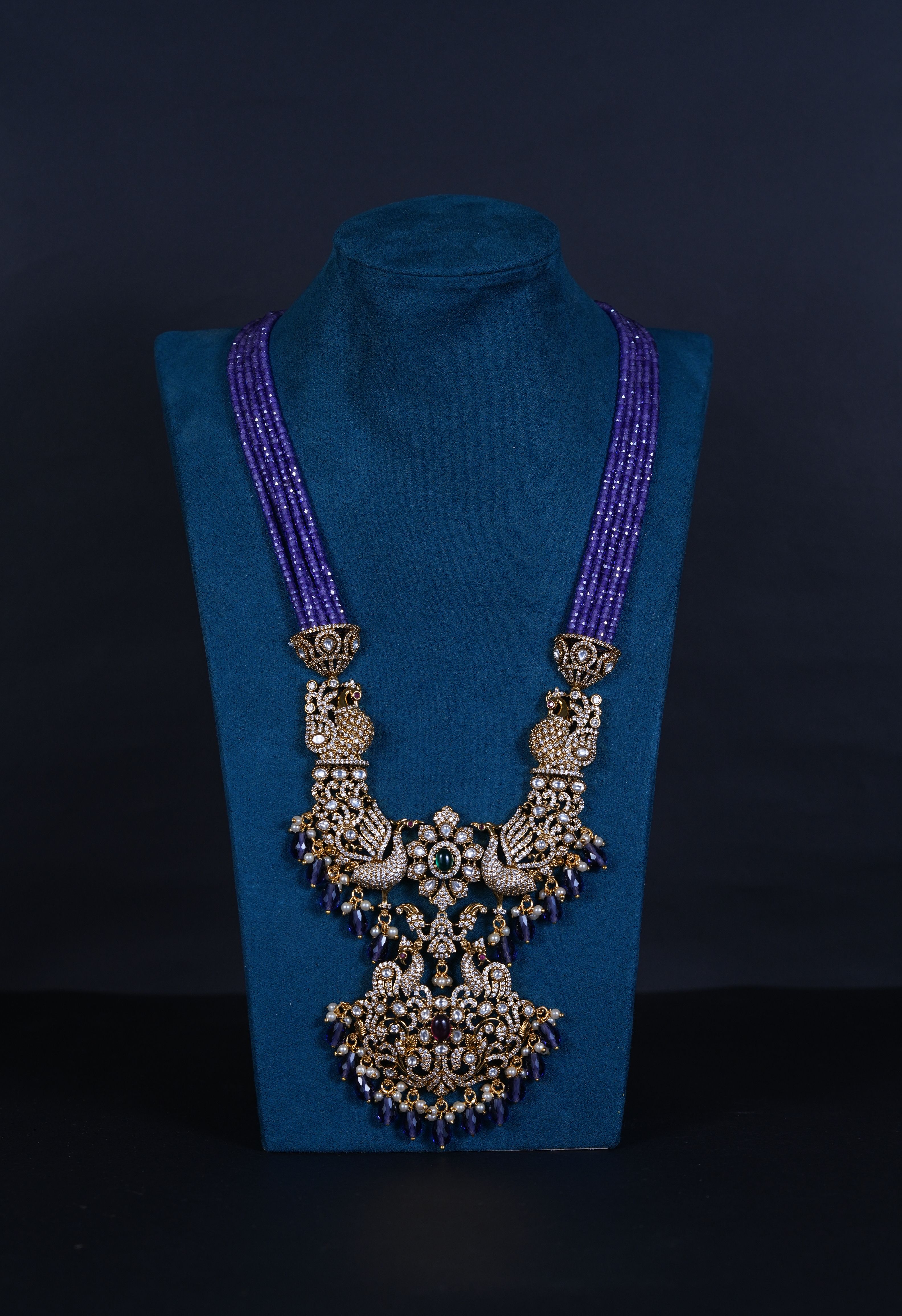 Royal Victorian Peacock Pendant Set with Beaded Necklace & Screw Back Earrings