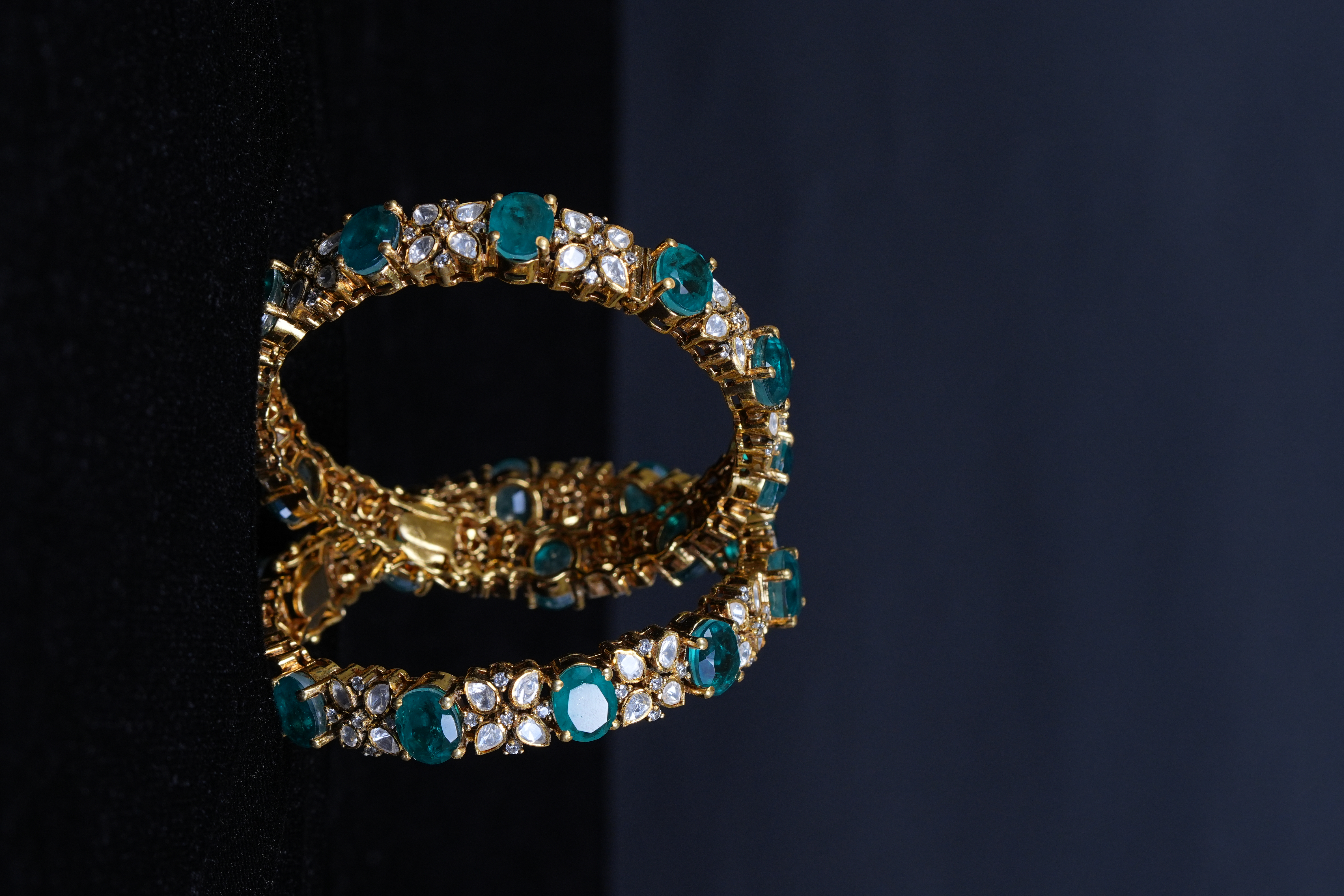 92.5 Sterling Silver Emerald  Kundan Openable Kada Bangles