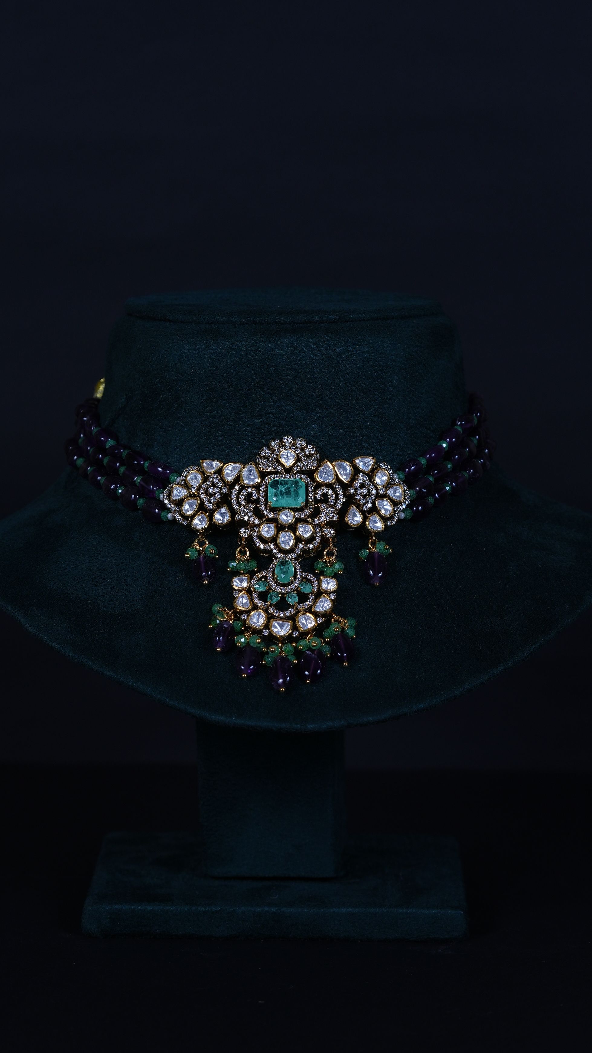 Russian Emerald Moissanite Choker Set – 92.5 Silver with Amethyst Beads