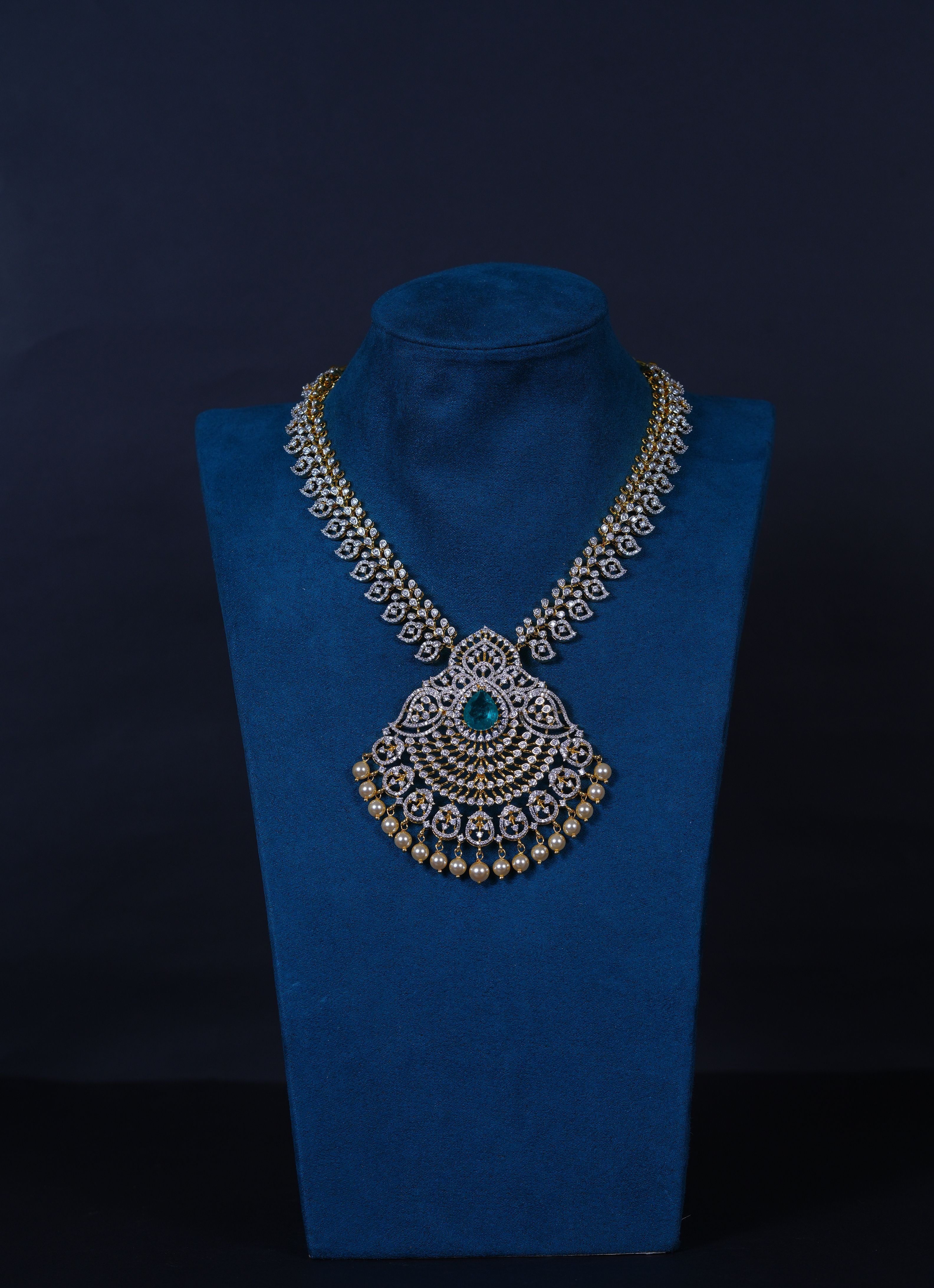 Emerald Mango American Diamond Necklace with Earrings in 92.5 Sterling Silver