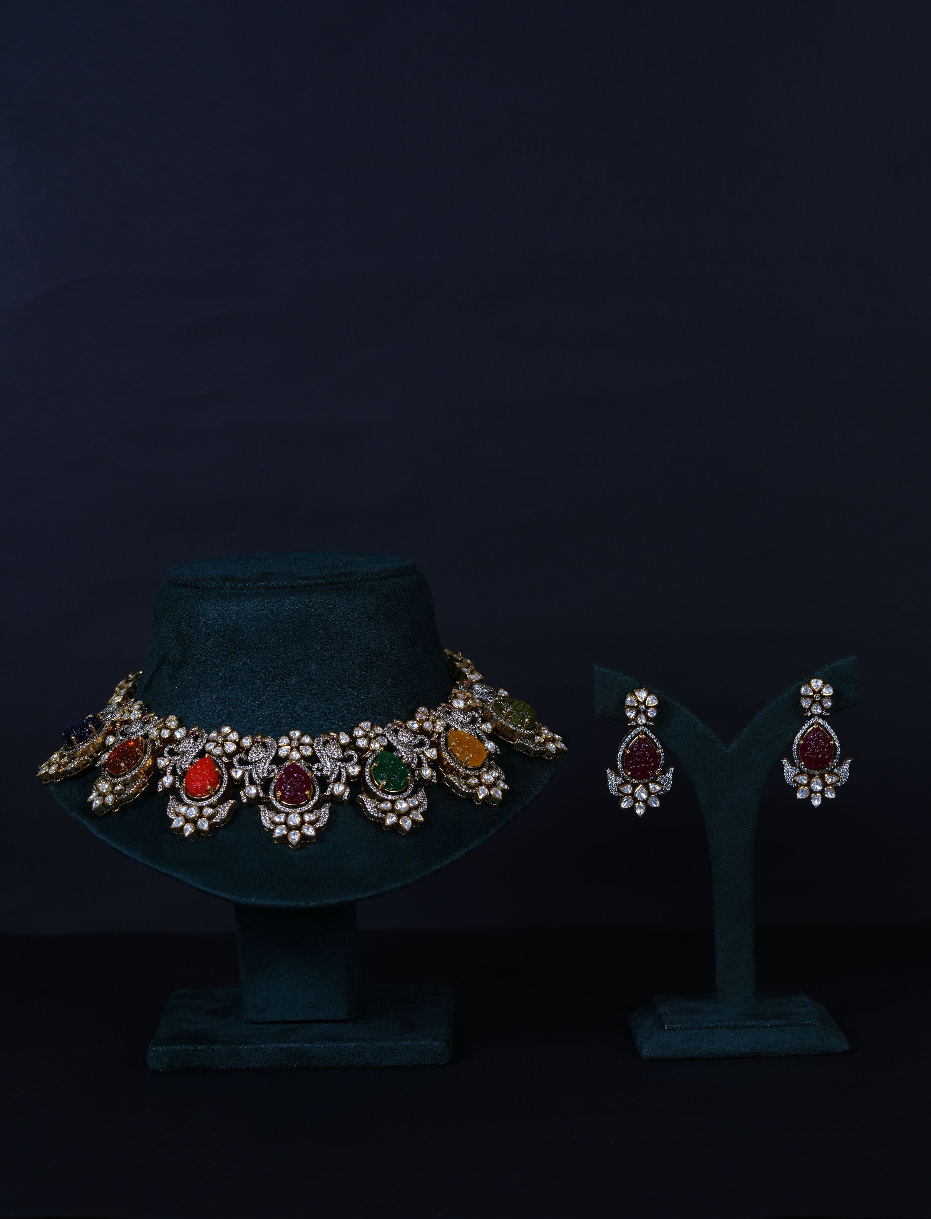 Royal Carved Navaratna Polki Necklace & earrings with Moissanite in 92.5 Sterling Silver