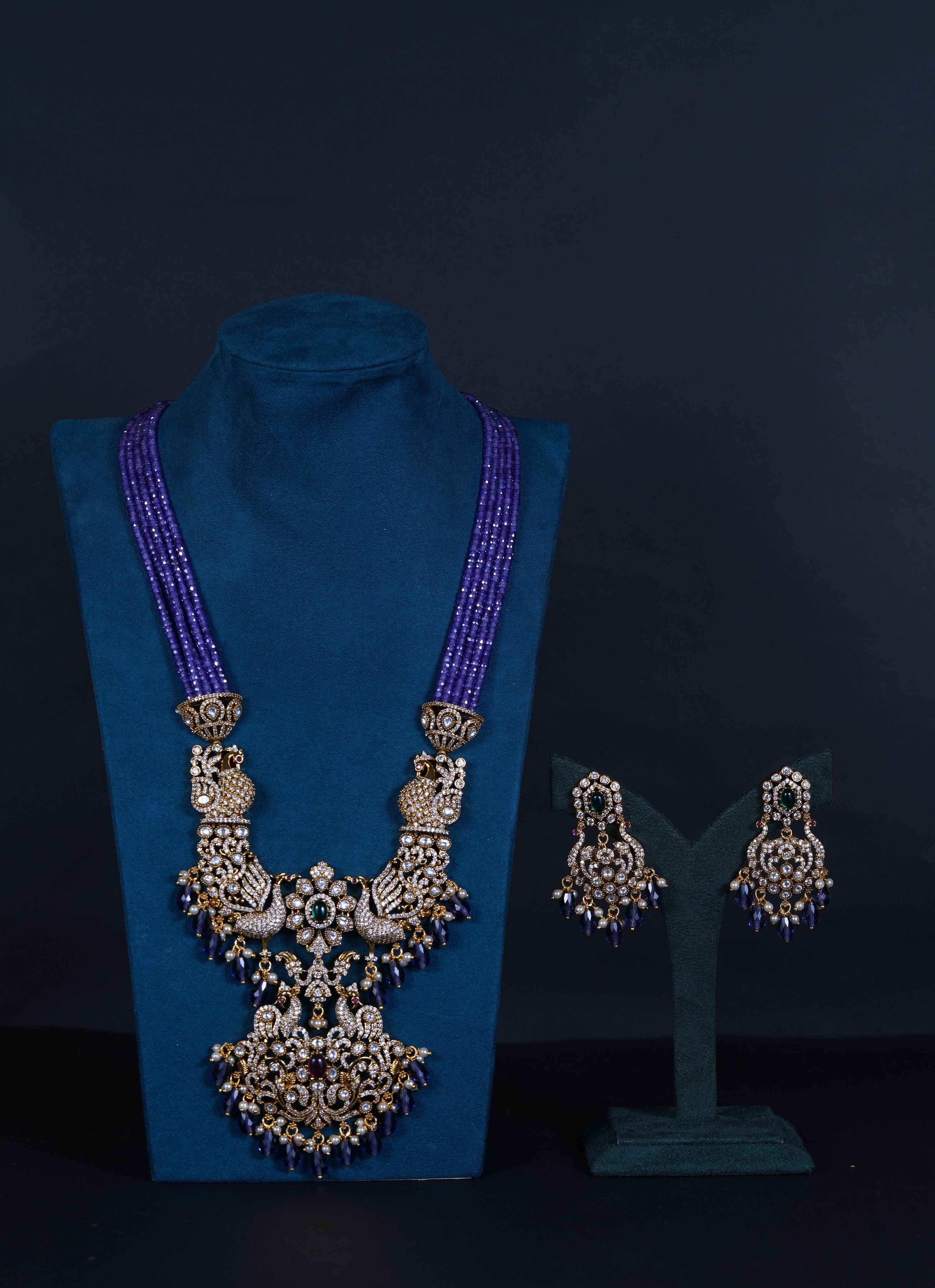 Royal Victorian Peacock Pendant Set with Beaded Necklace & Screw Back Earrings