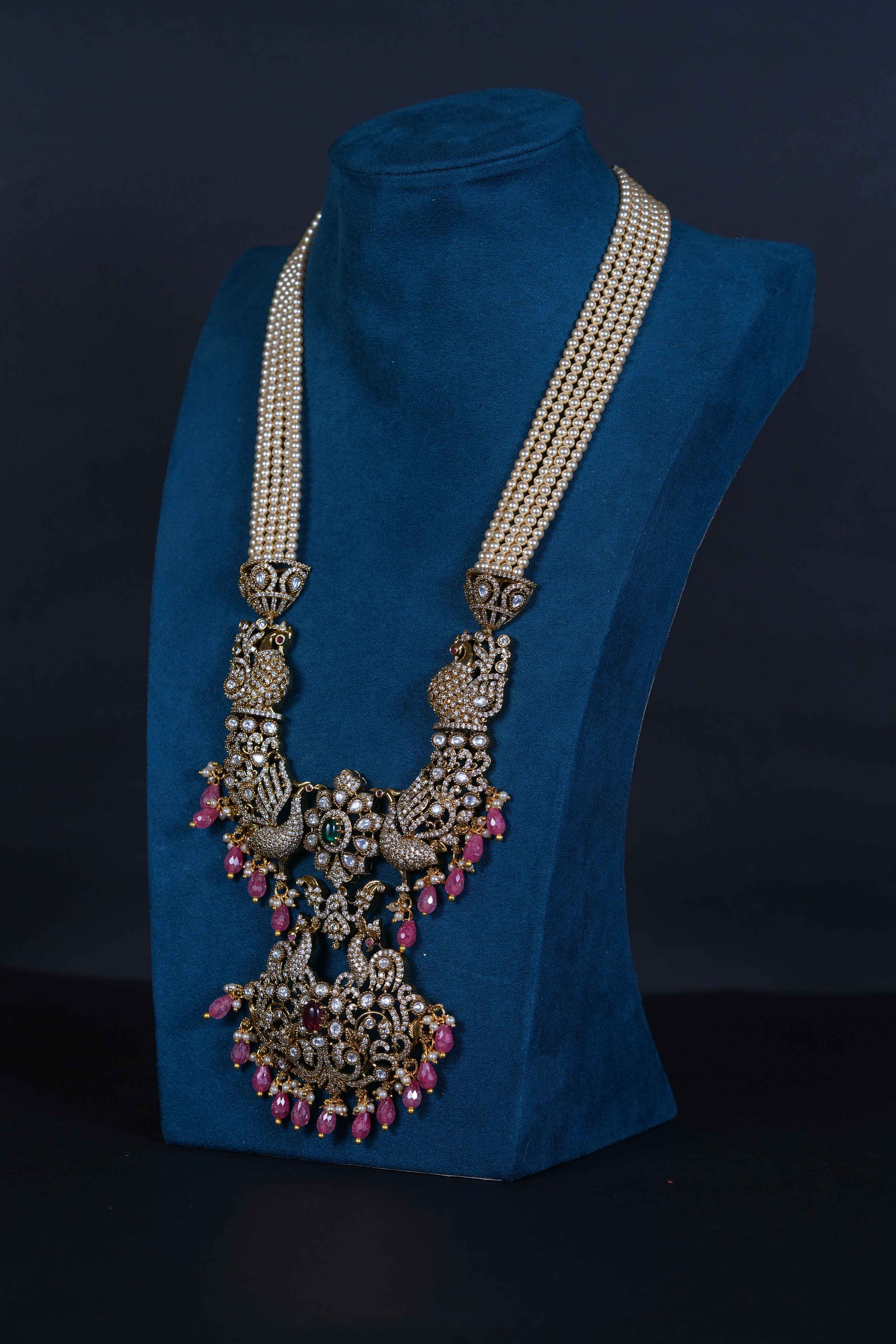Royal Victorian Peacock Pendant Necklace with Pearls & Screw Back Earrings